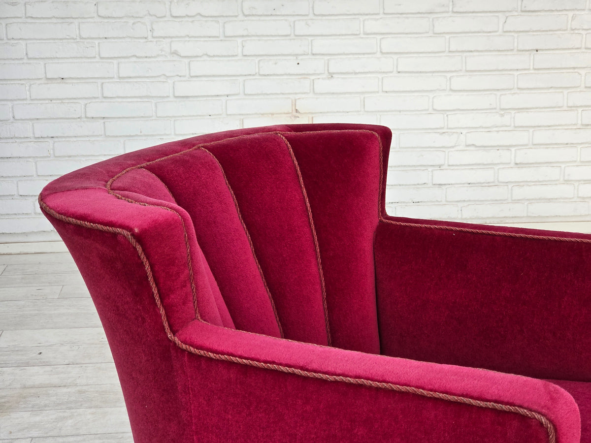 1960s, Danish relax armchair, red furniture velour, ash wood legs.