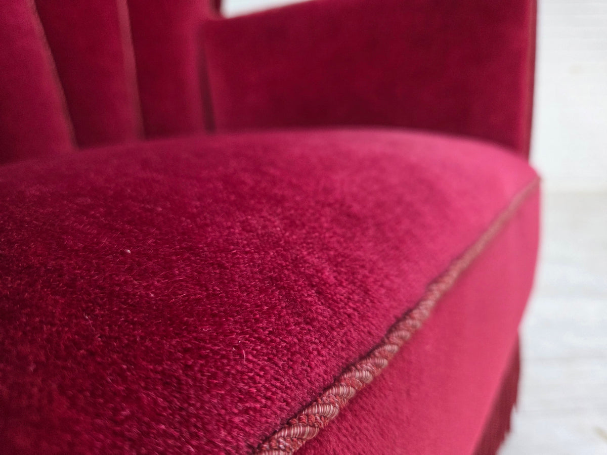 1960s, Danish relax armchair, red furniture velour, ash wood legs.
