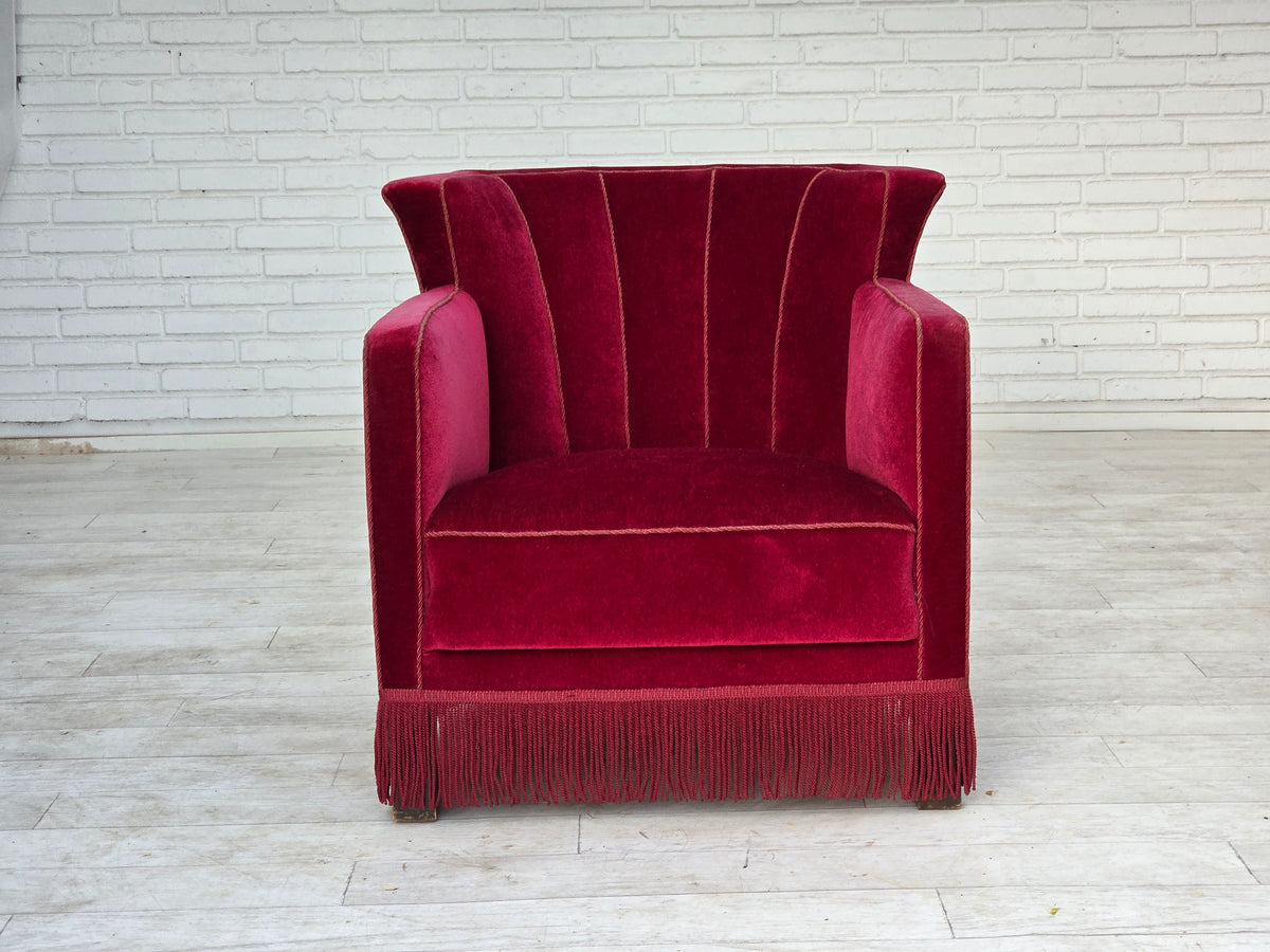 1960s, Danish relax armchair, red furniture velour, ash wood legs.