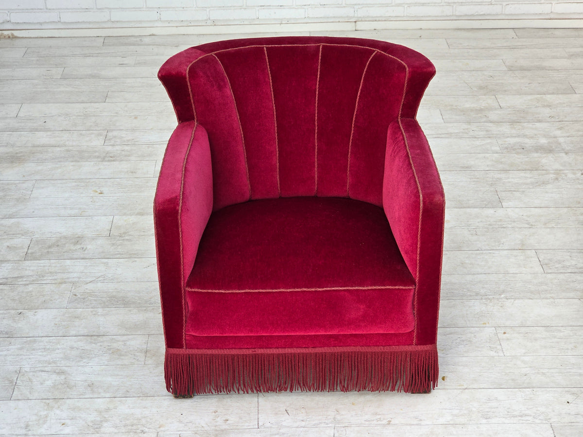 1960s, Danish relax armchair, red furniture velour, ash wood legs.