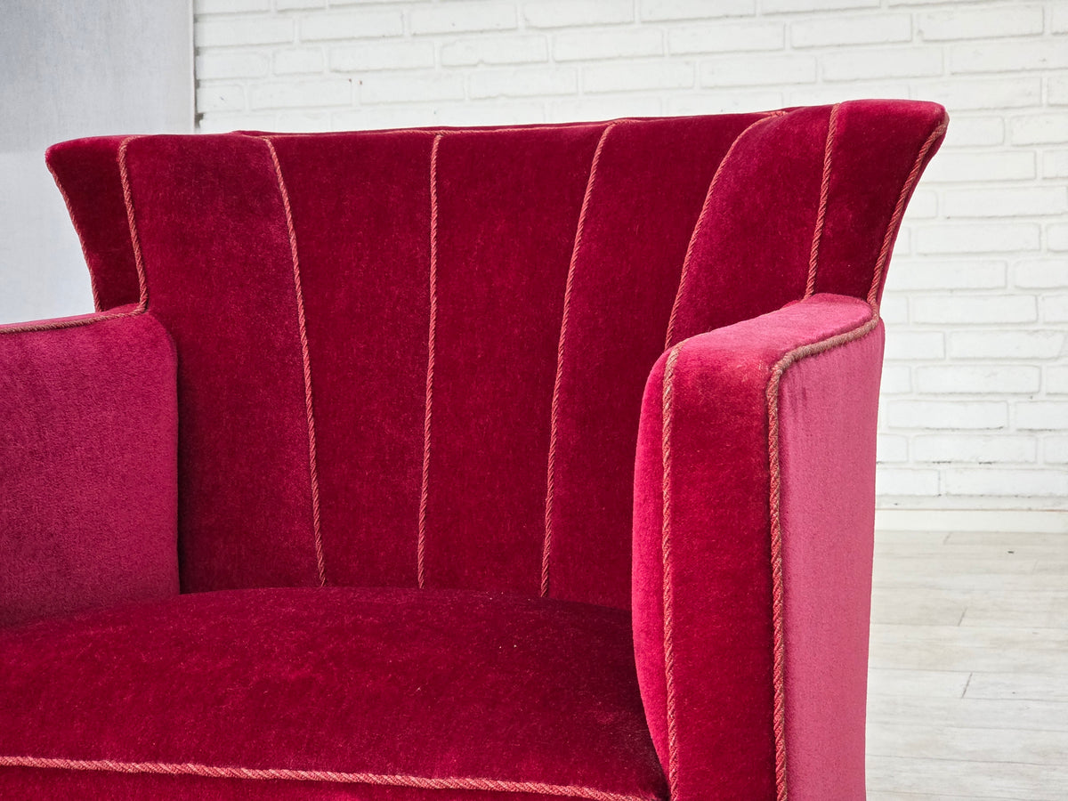 1960s, Danish relax armchair, red furniture velour, ash wood legs.