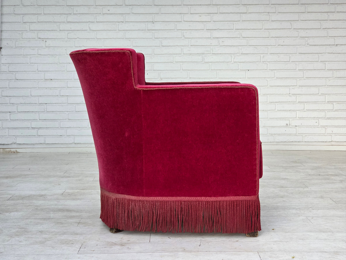 1960s, Danish relax armchair, red furniture velour, ash wood legs.