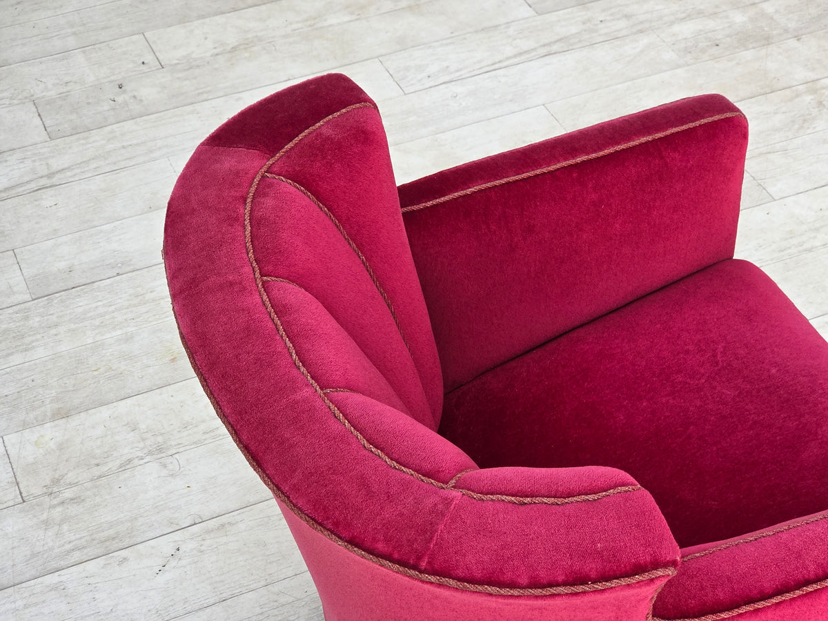 1960s, Danish relax armchair, red furniture velour, ash wood legs.