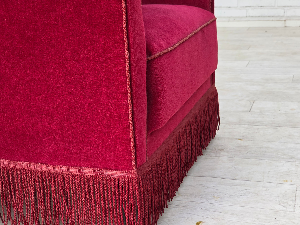 1960s, Danish relax armchair, red furniture velour, ash wood legs.
