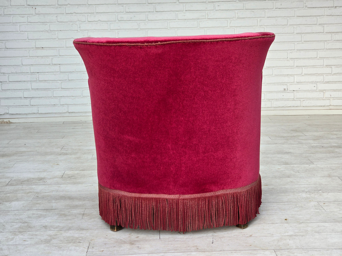 1960s, Danish relax armchair, red furniture velour, ash wood legs.
