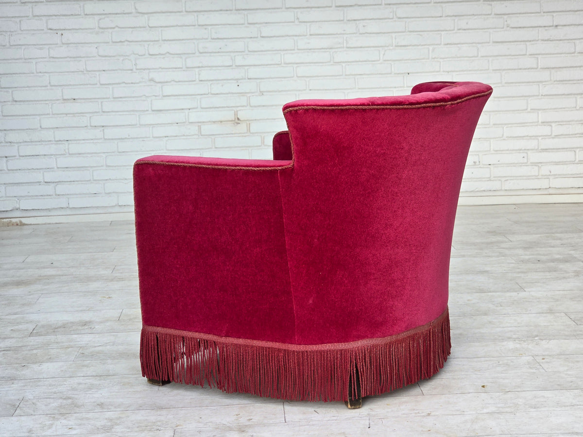 1960s, Danish relax armchair, red furniture velour, ash wood legs.