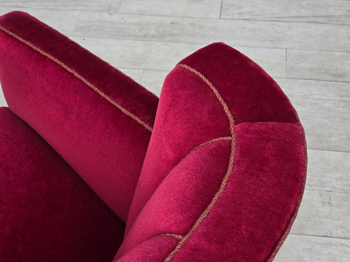 1960s, Danish relax armchair, red furniture velour, ash wood legs.