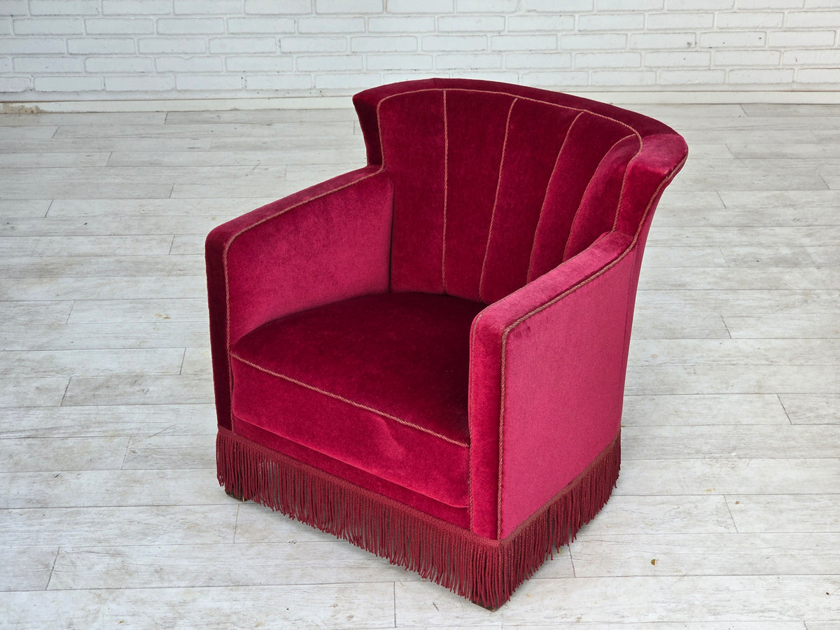 1960s, Danish relax armchair, red furniture velour, ash wood legs.