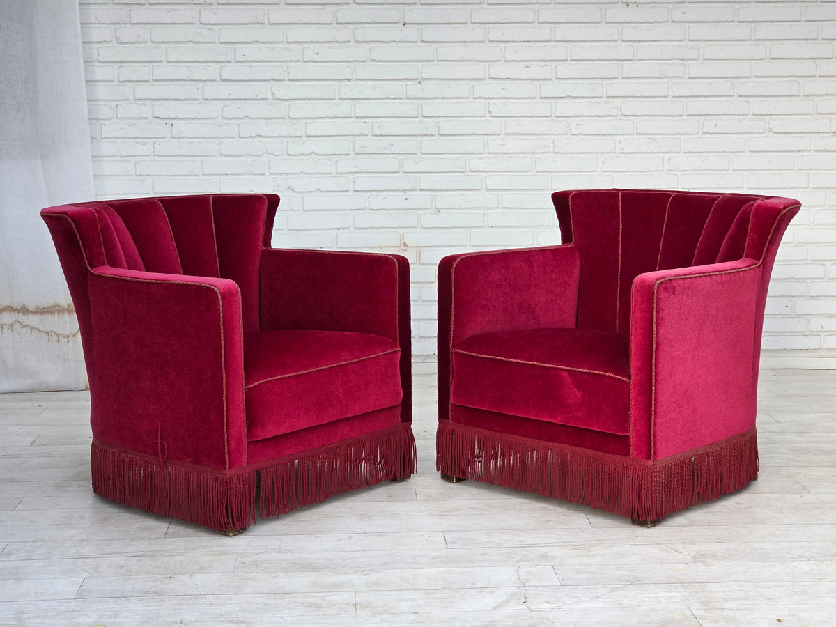 1960s, Danish relax armchair, red furniture velour, ash wood legs.