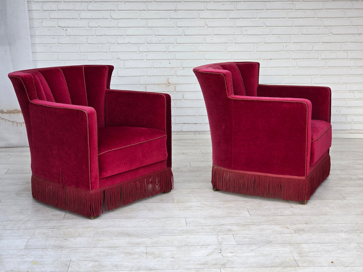 1960s, Danish relax armchair, red furniture velour, ash wood legs.