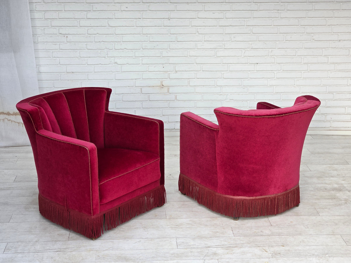 1960s, Danish relax armchair, red furniture velour, ash wood legs.