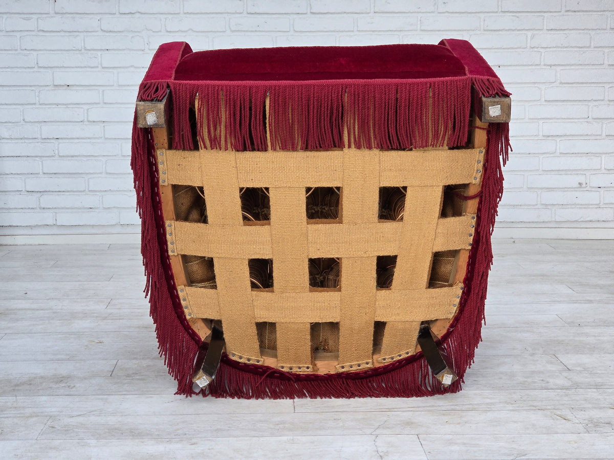 1960s, Danish relax armchair, red furniture velour, ash wood legs.