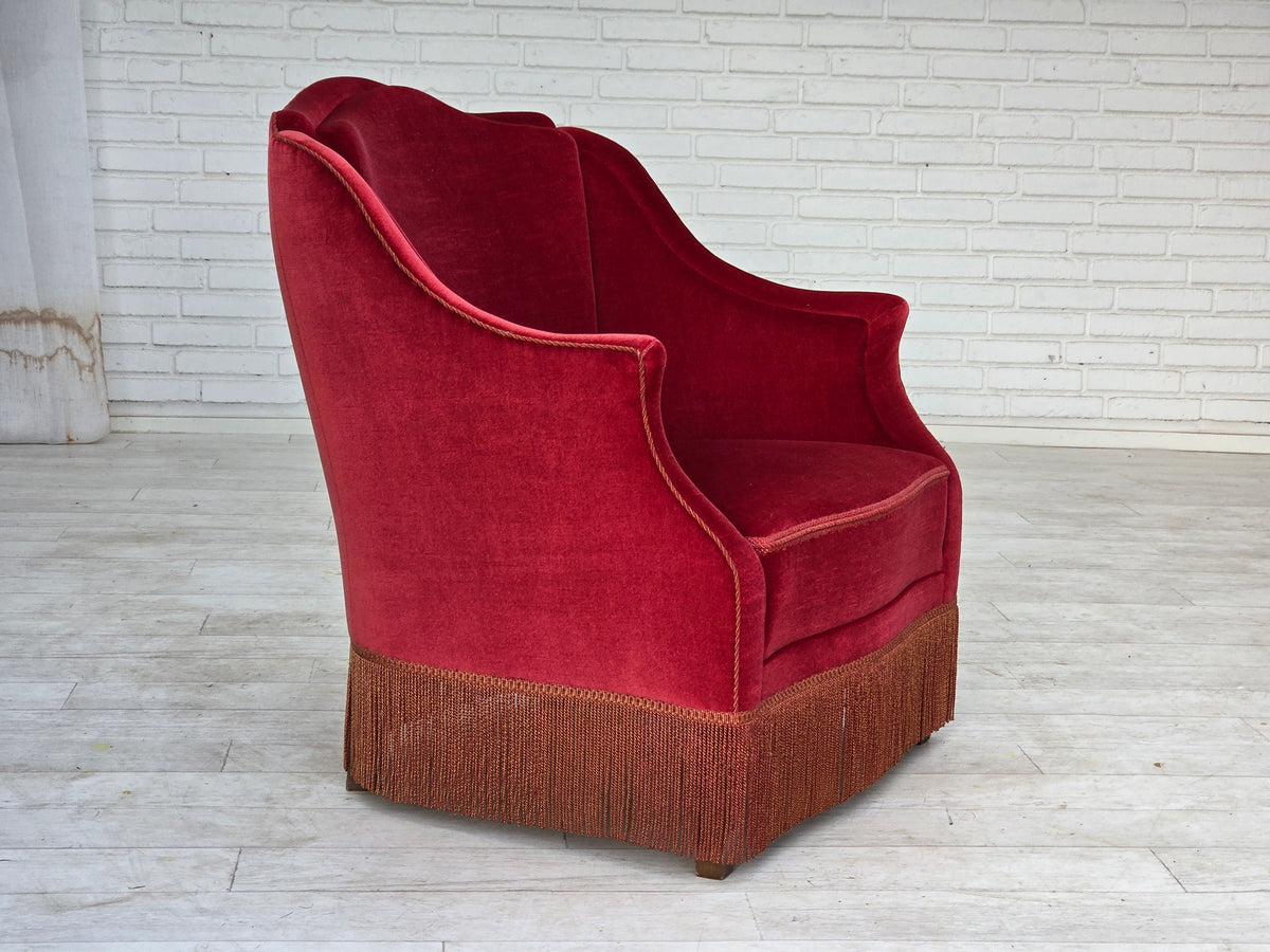 1970s, Danish armchair, furniture velour, ash wood legs.