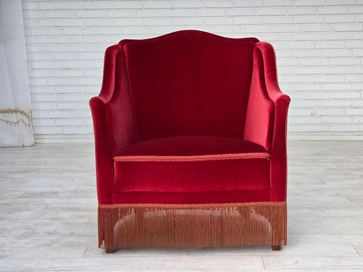 1970s, Danish armchair, furniture velour, ash wood legs.