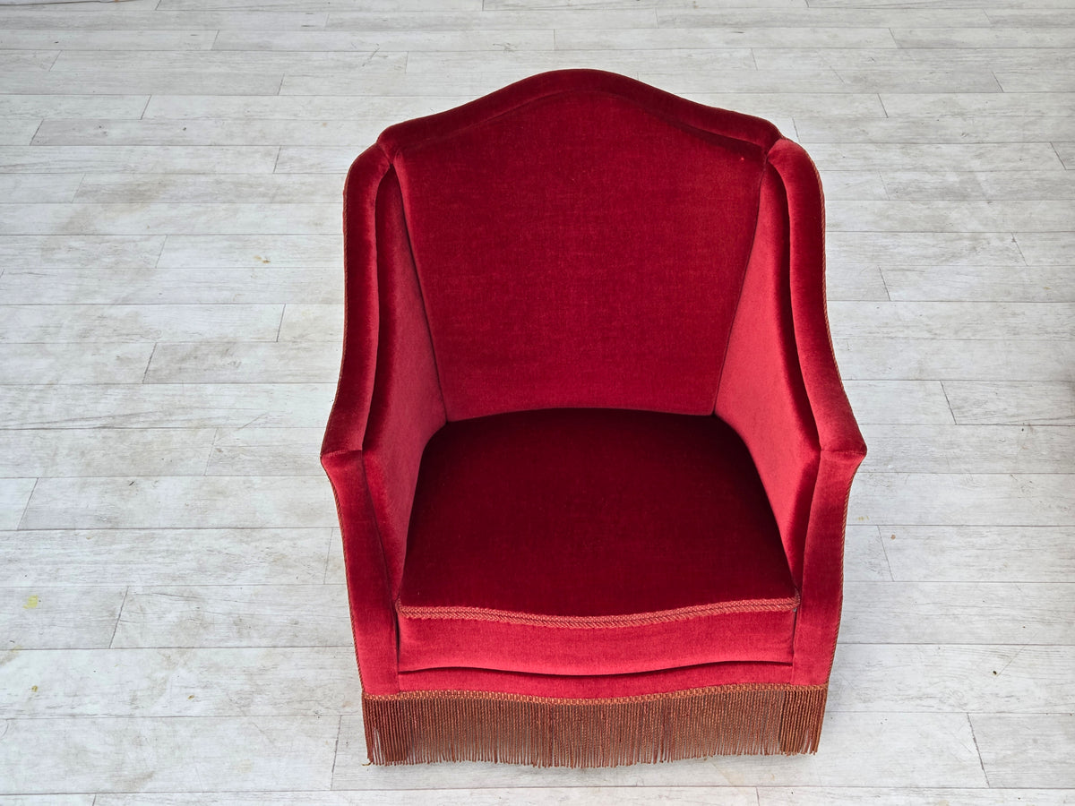 1970s, Danish armchair, furniture velour, ash wood legs.