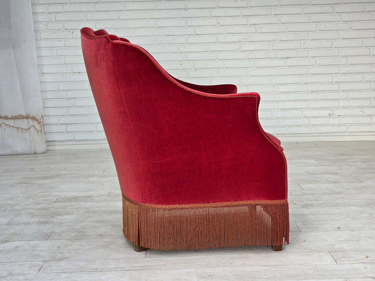 1970s, Danish armchair, furniture velour, ash wood legs.