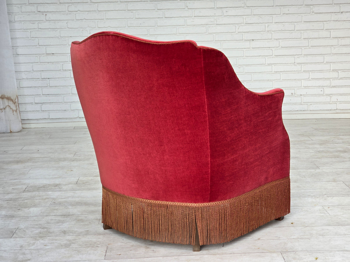1970s, Danish armchair, furniture velour, ash wood legs.