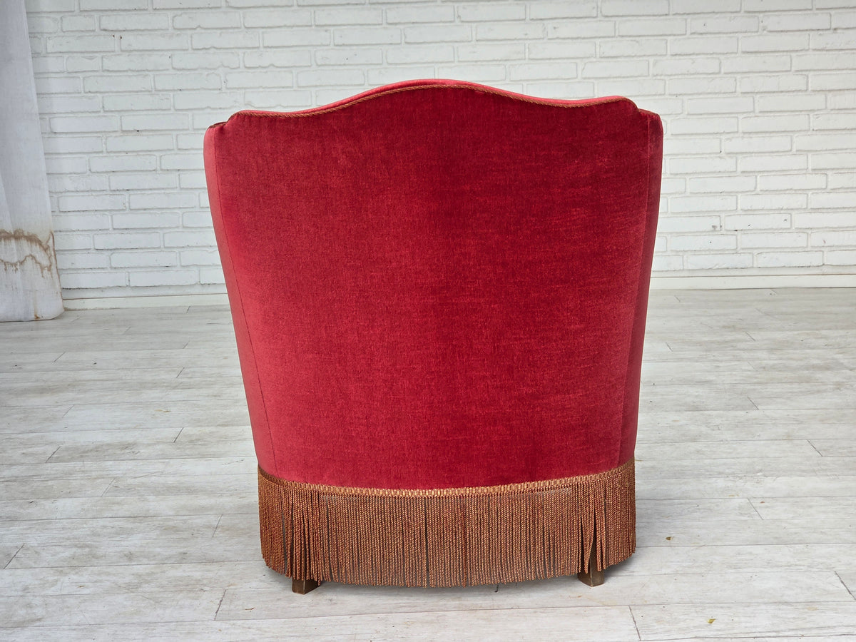1970s, Danish armchair, furniture velour, ash wood legs.