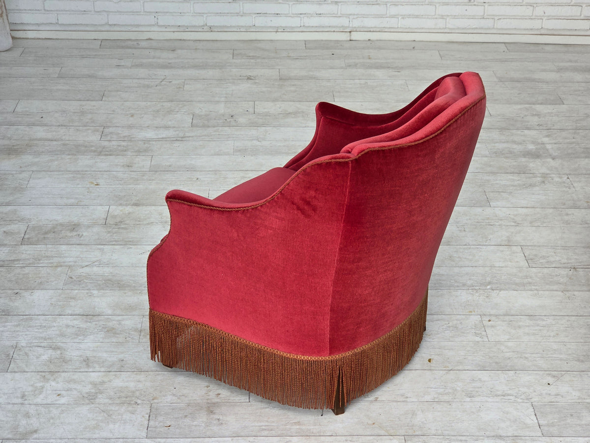 1970s, Danish armchair, furniture velour, ash wood legs.
