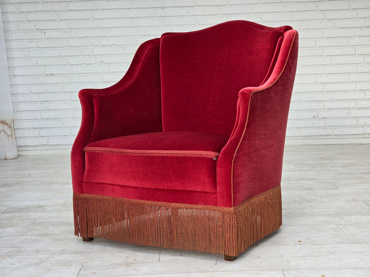 1970s, Danish armchair, furniture velour, ash wood legs.