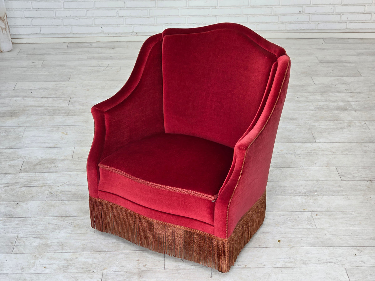 1970s, Danish armchair, furniture velour, ash wood legs.