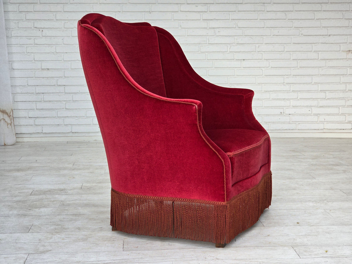 1970s, Danish highback armchair, furniture velour, ash wood legs.