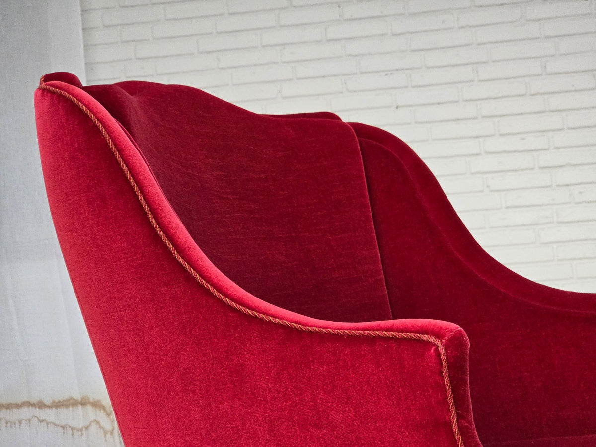 1970s, Danish highback armchair, furniture velour, ash wood legs.