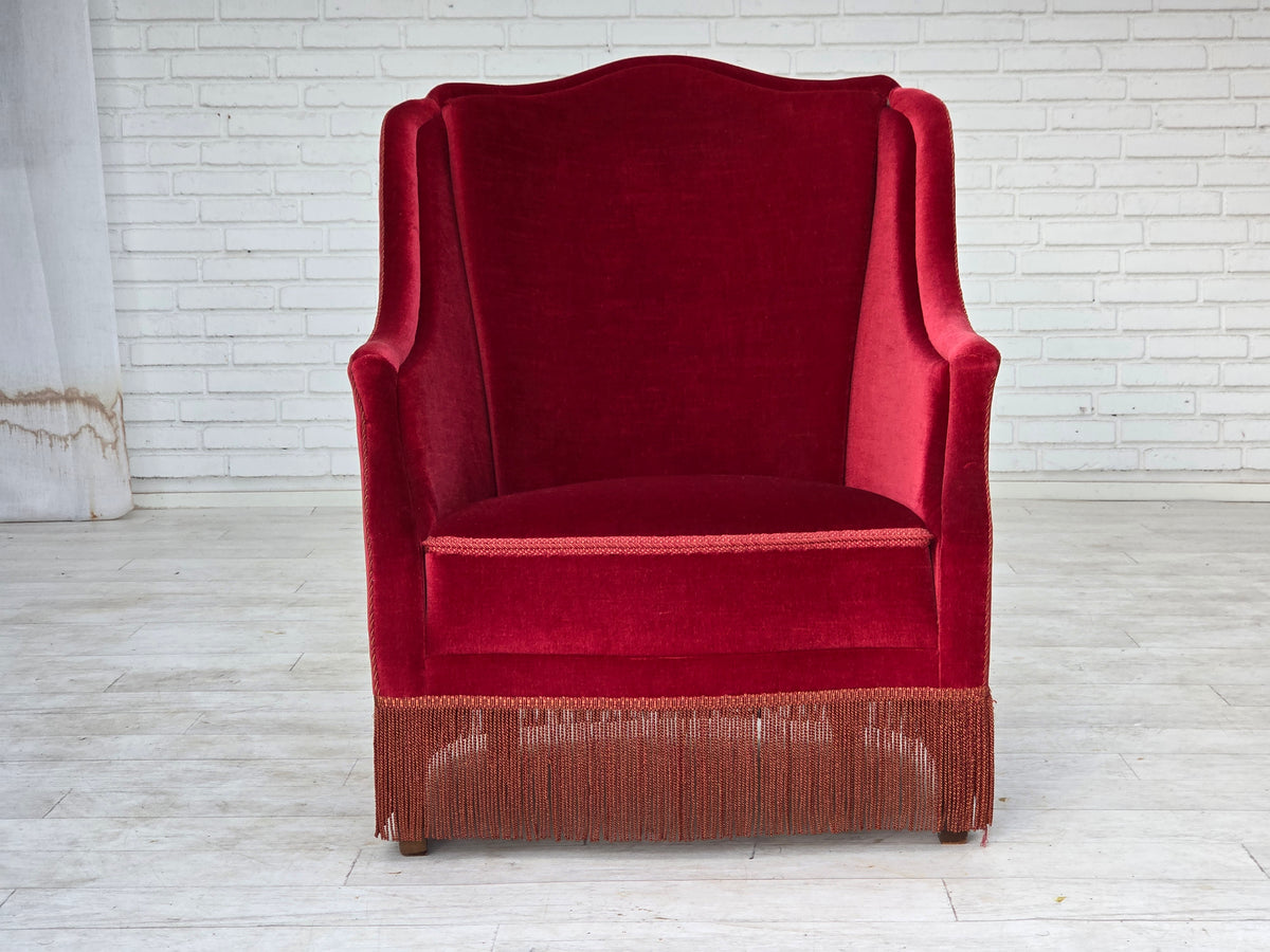 1970s, Danish highback armchair, furniture velour, ash wood legs.
