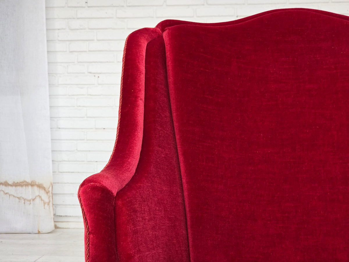 1970s, Danish highback armchair, furniture velour, ash wood legs.