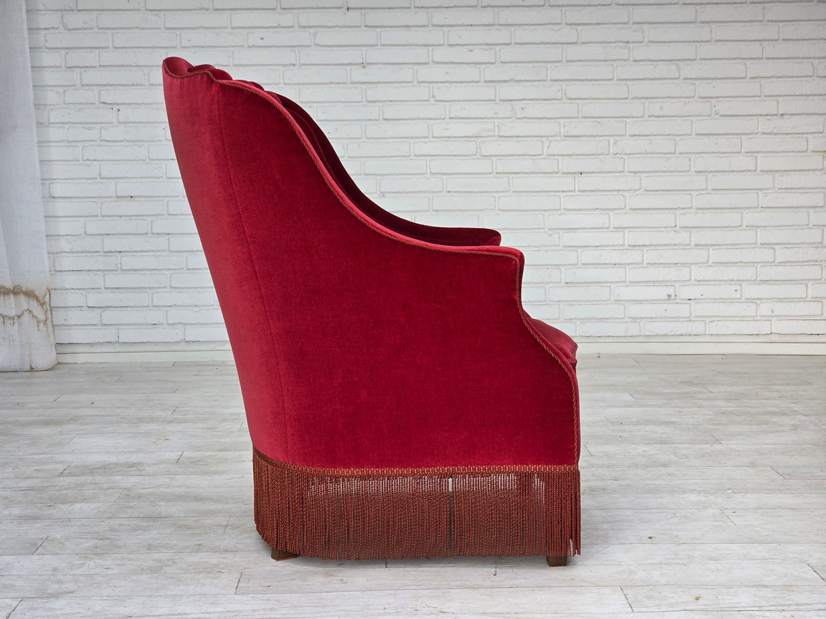 1970s, Danish highback armchair, furniture velour, ash wood legs.