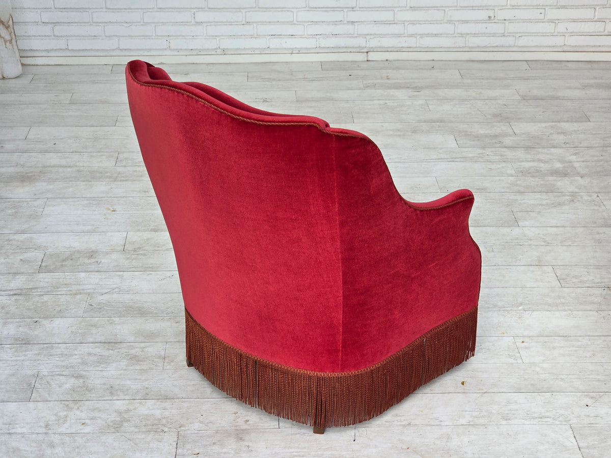 1970s, Danish highback armchair, furniture velour, ash wood legs.