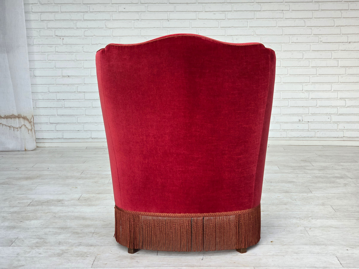 1970s, Danish highback armchair, furniture velour, ash wood legs.