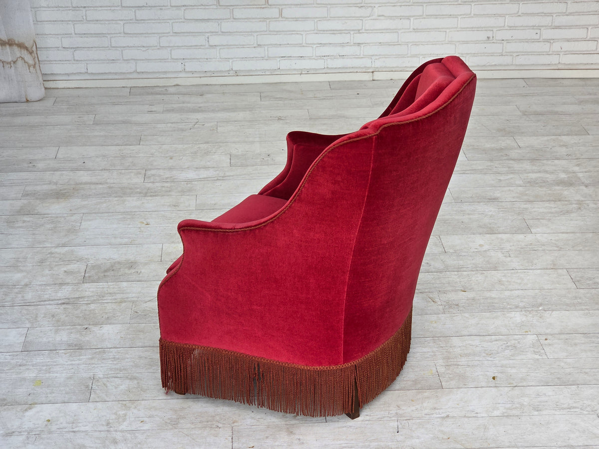 1970s, Danish highback armchair, furniture velour, ash wood legs.