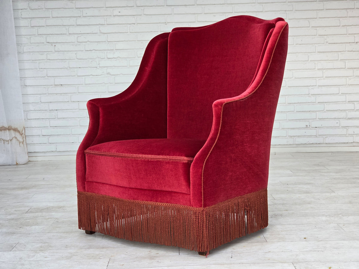 1970s, Danish highback armchair, furniture velour, ash wood legs.
