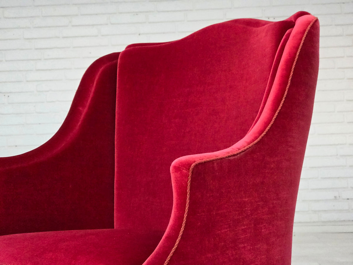 1970s, Danish highback armchair, furniture velour, ash wood legs.