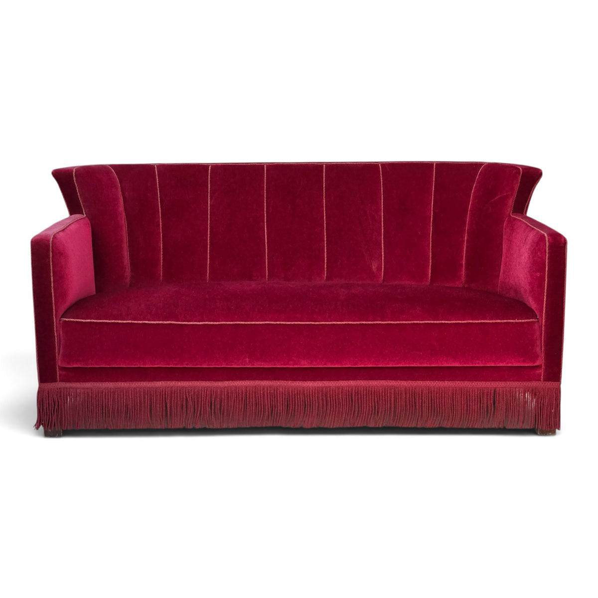 1960s, Danish 2-seater sofa, red furniture velour, ash wood legs.