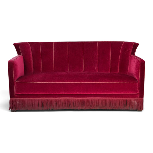 1960s, Danish 2-seater sofa, red furniture velour, ash wood legs.