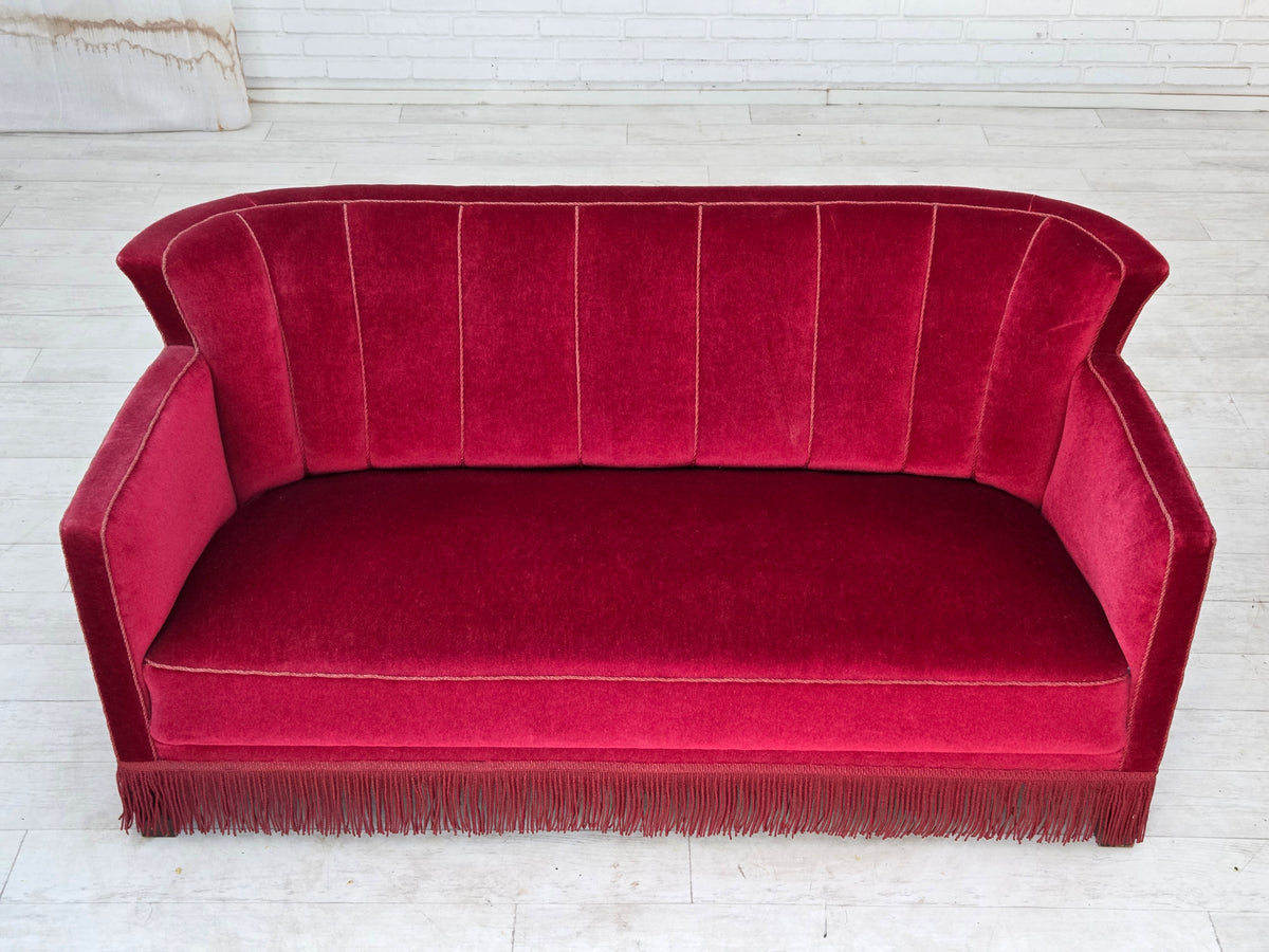 1960s, Danish 2-seater sofa, red furniture velour, ash wood legs.