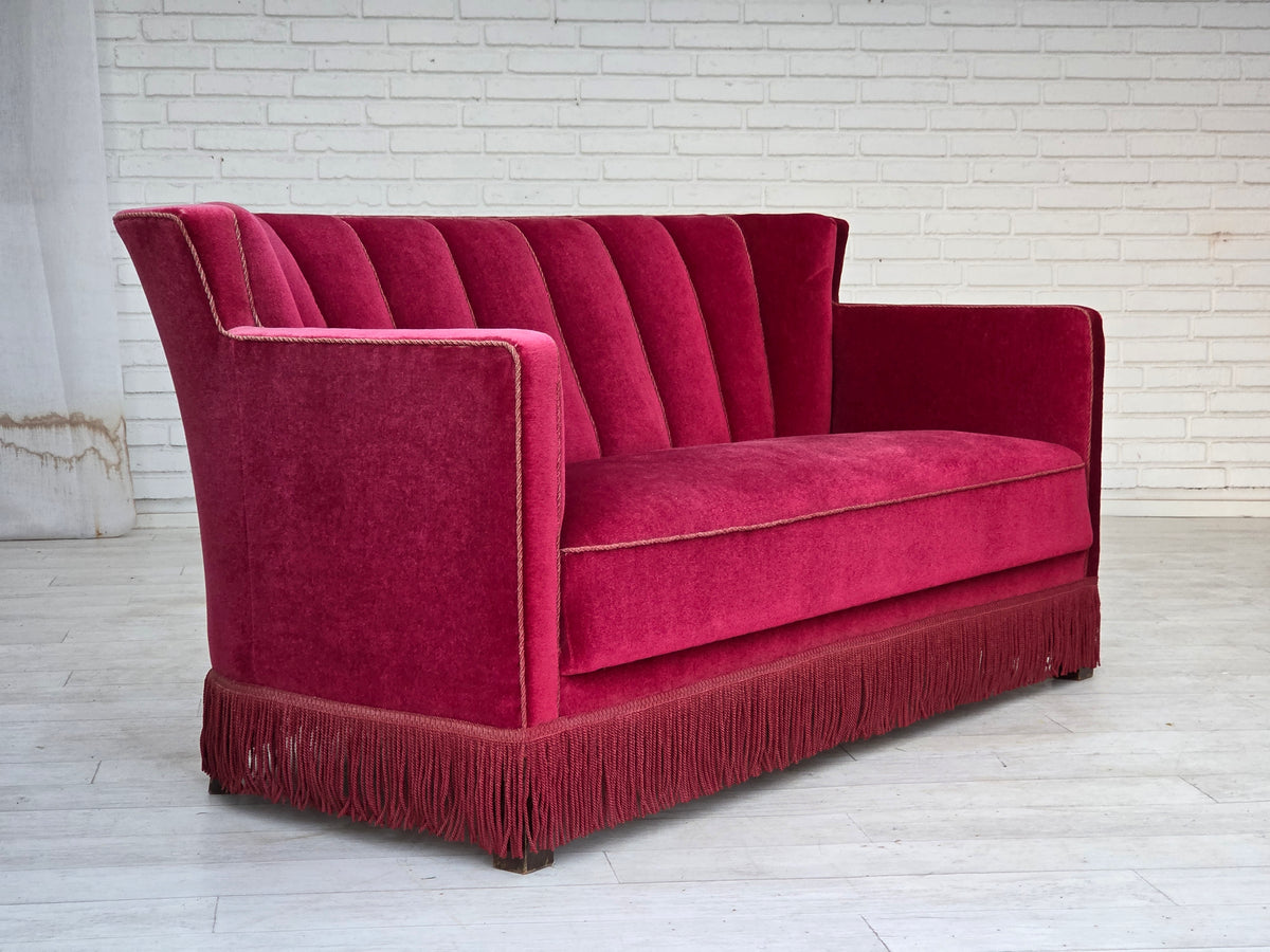 1960s, Danish 2-seater sofa, red furniture velour, ash wood legs.