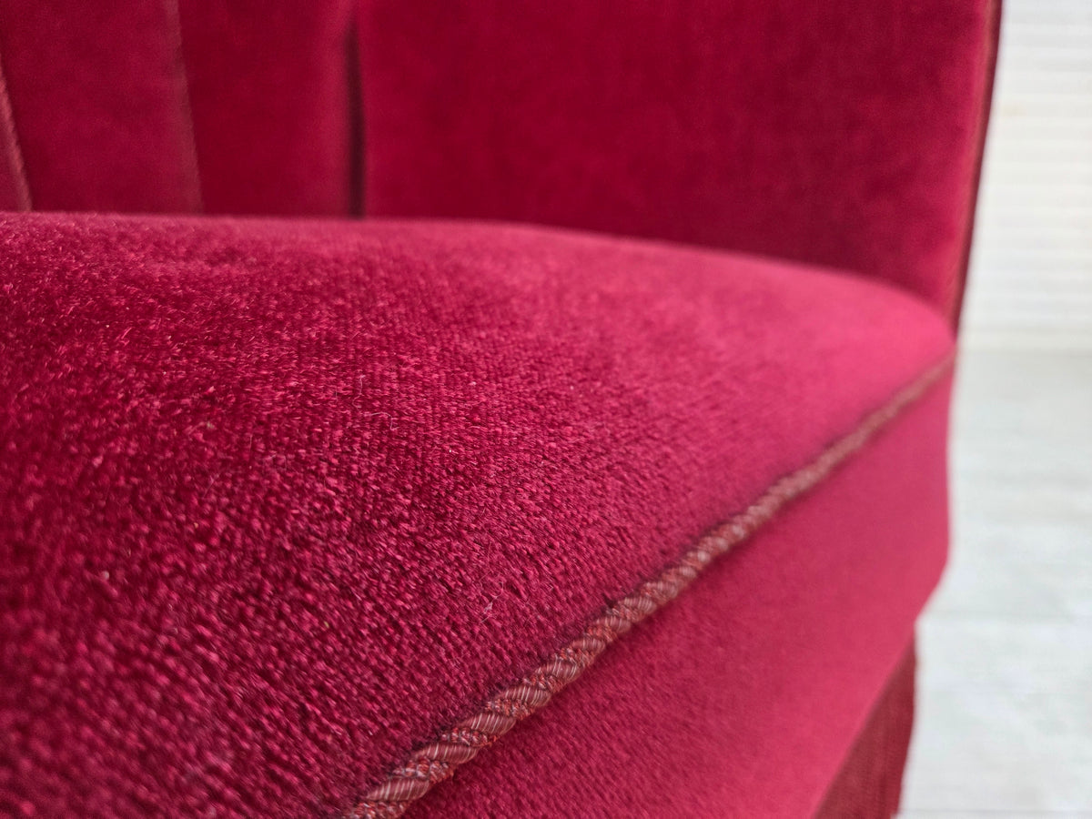 1960s, Danish 2-seater sofa, red furniture velour, ash wood legs.