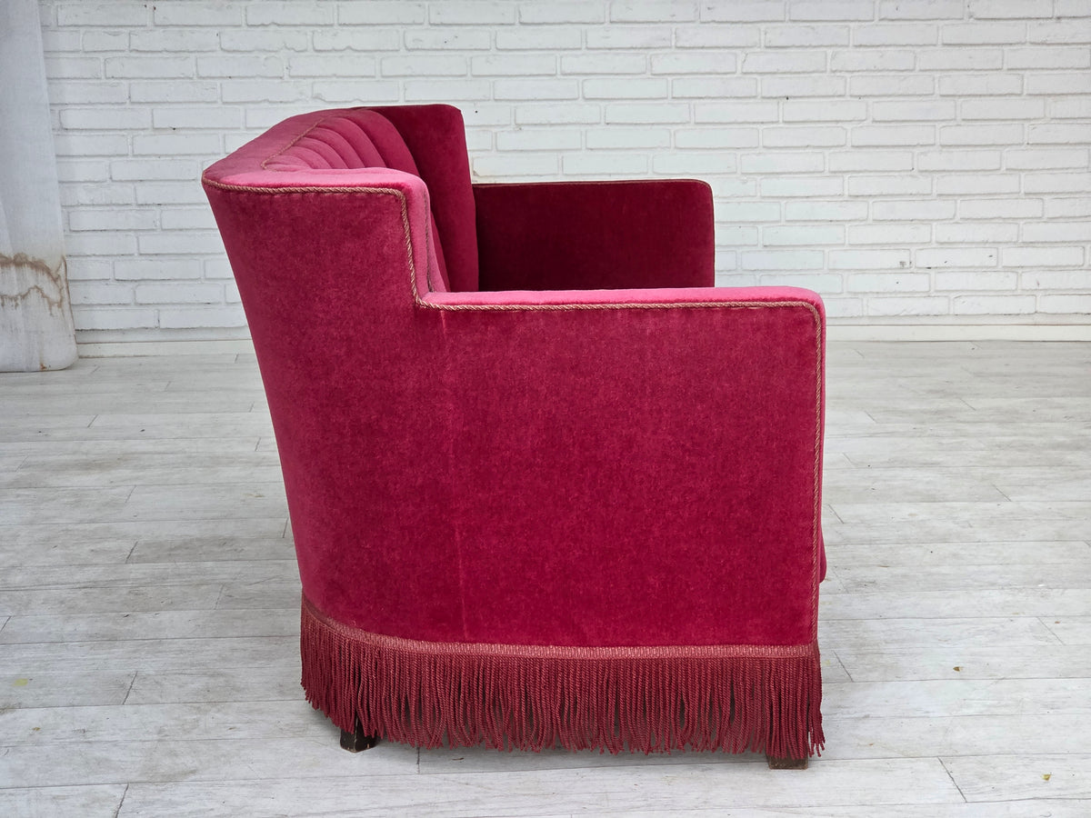 1960s, Danish 2-seater sofa, red furniture velour, ash wood legs.