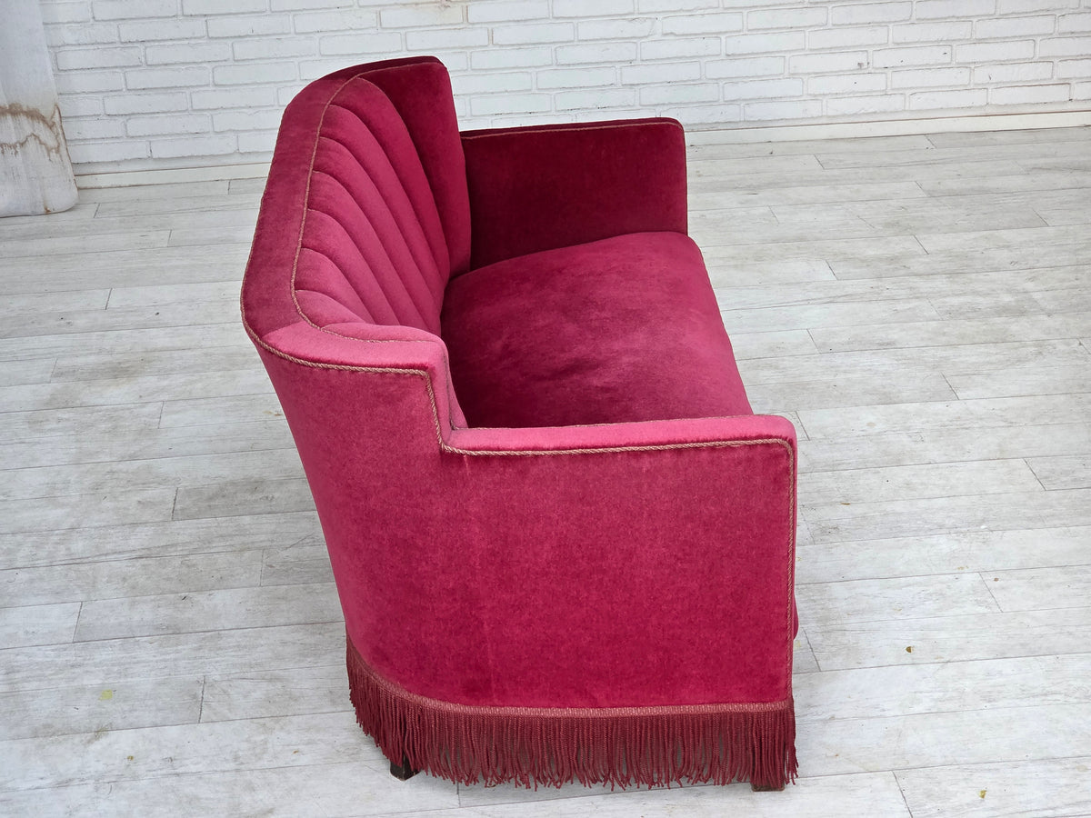 1960s, Danish 2-seater sofa, red furniture velour, ash wood legs.