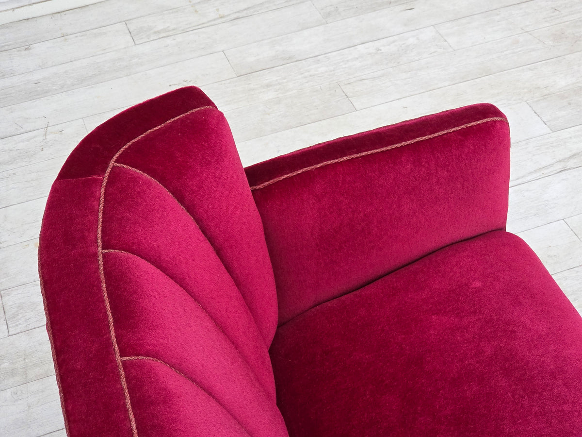 1960s, Danish 2-seater sofa, red furniture velour, ash wood legs.