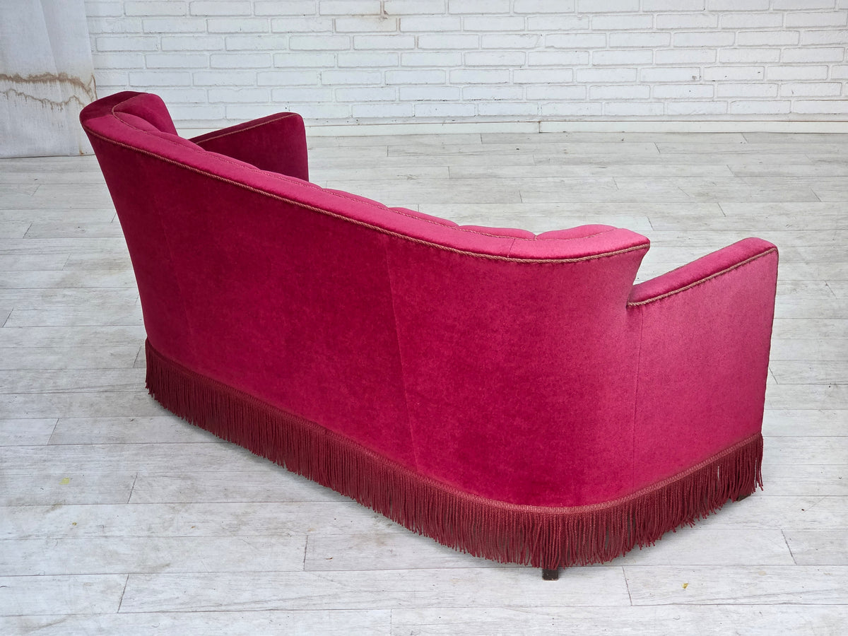 1960s, Danish 2-seater sofa, red furniture velour, ash wood legs.
