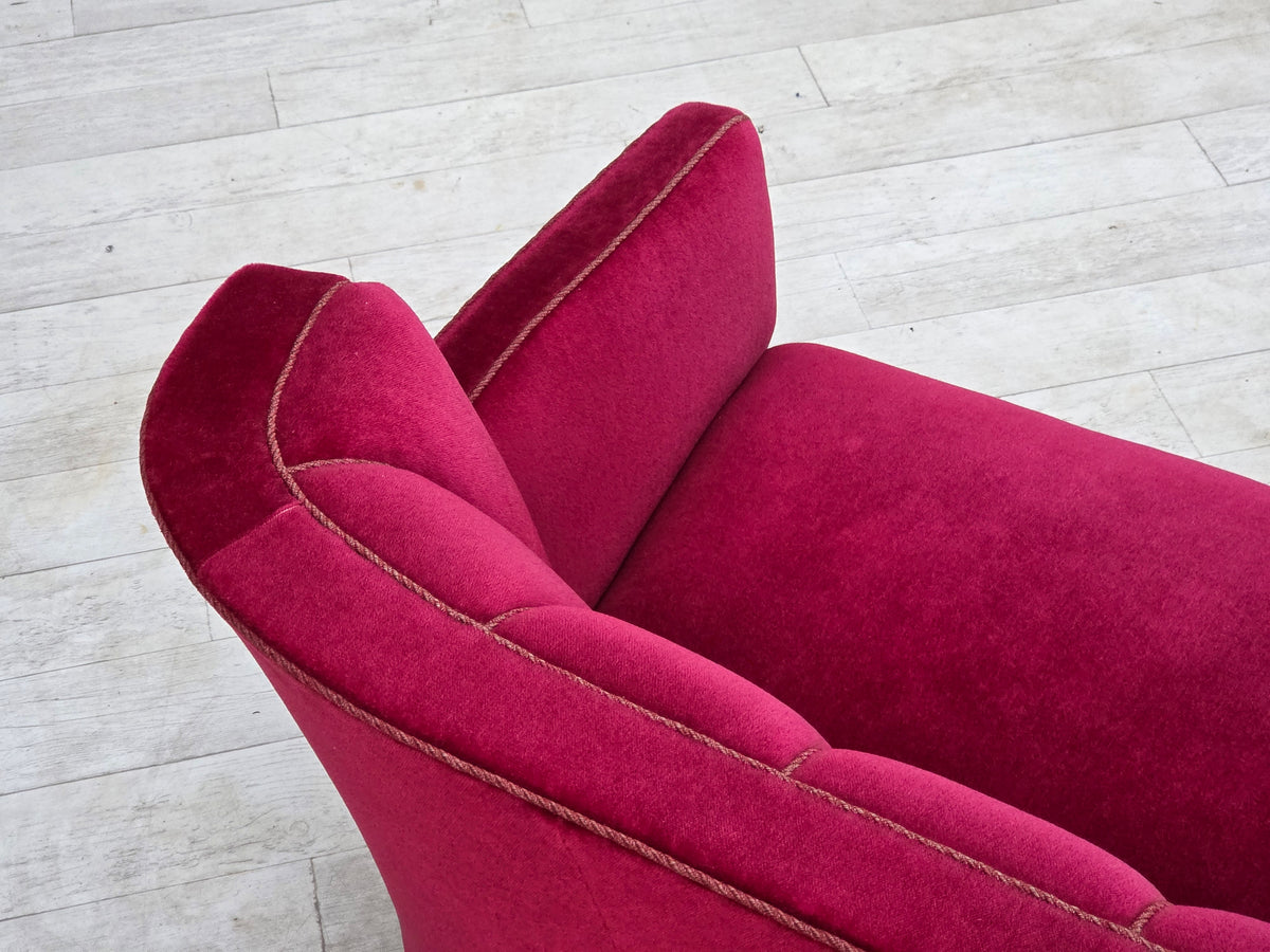 1960s, Danish 2-seater sofa, red furniture velour, ash wood legs.
