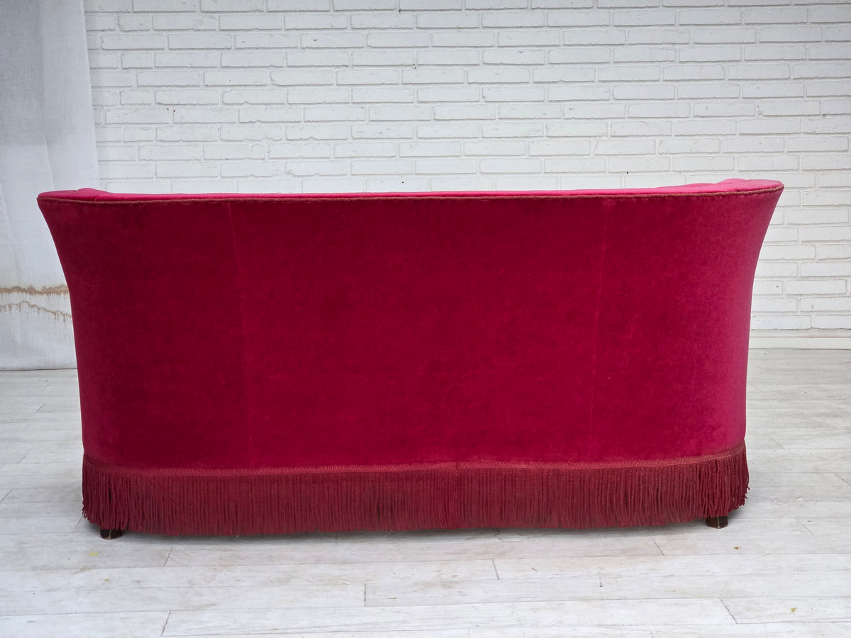 1960s, Danish 2-seater sofa, red furniture velour, ash wood legs.
