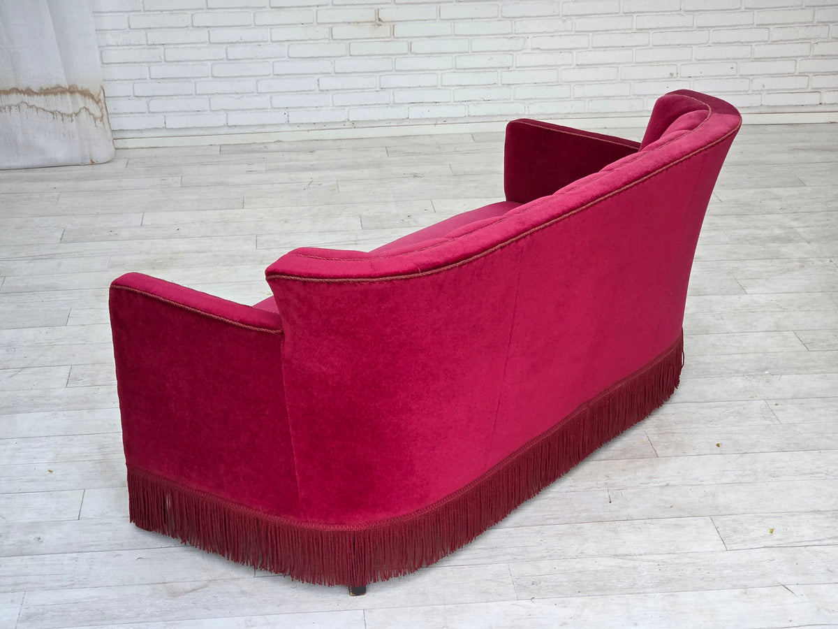 1960s, Danish 2-seater sofa, red furniture velour, ash wood legs.