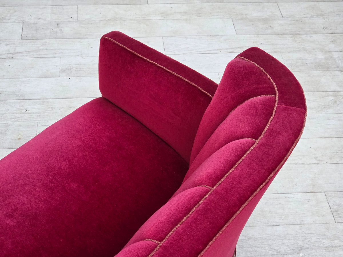 1960s, Danish 2-seater sofa, red furniture velour, ash wood legs.