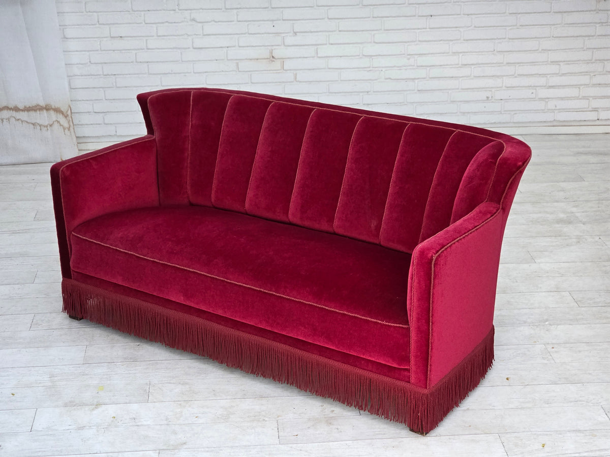 1960s, Danish 2-seater sofa, red furniture velour, ash wood legs.