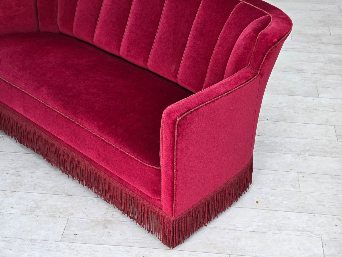 1960s, Danish 2-seater sofa, red furniture velour, ash wood legs.